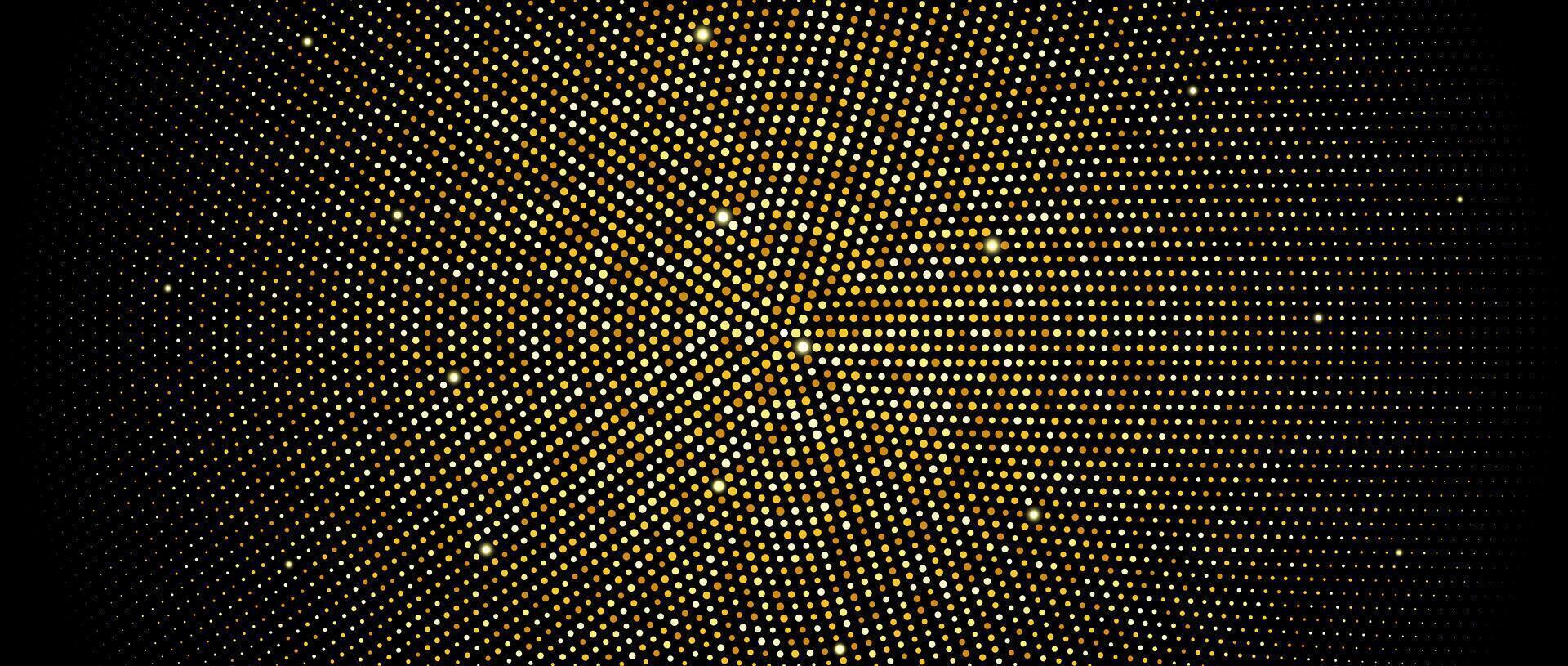 Golden radial halftone background. Gold glitter confetti wallpaper. Retro dotted circles pattern. Design template for banner, flyer, poster, presentation. vector
