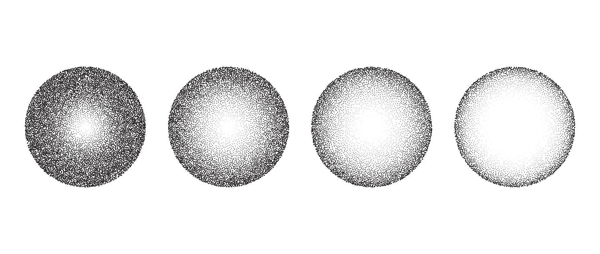 Textured gradient spheres set. Black dotted circles collections. Stippled round elements pack. Fading noise grain dotwork shapes. Halftone effect illustrations bundle. Vintage retro vector