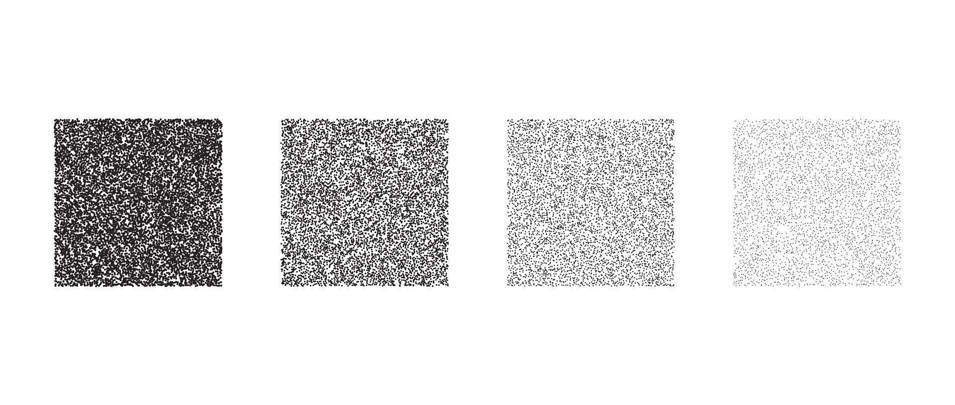 Set of stippled square texture. Black dotted gritty rectangle element collection. Noise grain dot work cube shapes. Half tones and shadows effect illustration bundle. vector
