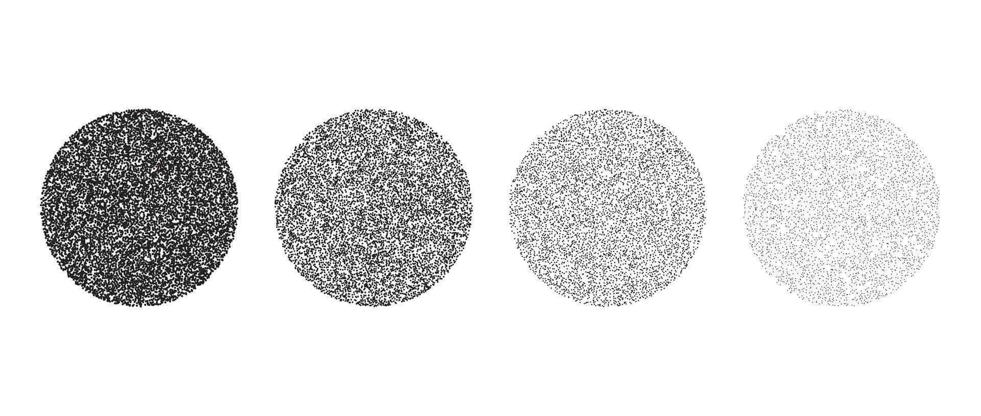 Set of stippled circle texture. Black dotted gritty round element collection. Noise grain dot work sphere shapes. Half tones and shadows effect illustration bundle. vector