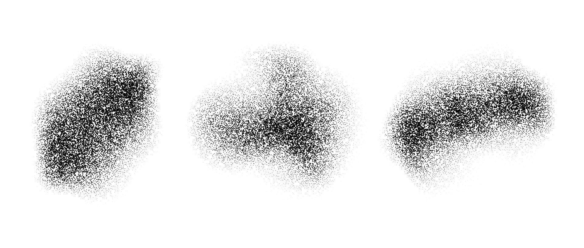 Abstract fluid dotted gradients stains. Noise grain texture shapes set. Black stippled spray splashes and sand dust spots. Dotwork elements and halftone splatter forms collection. vector