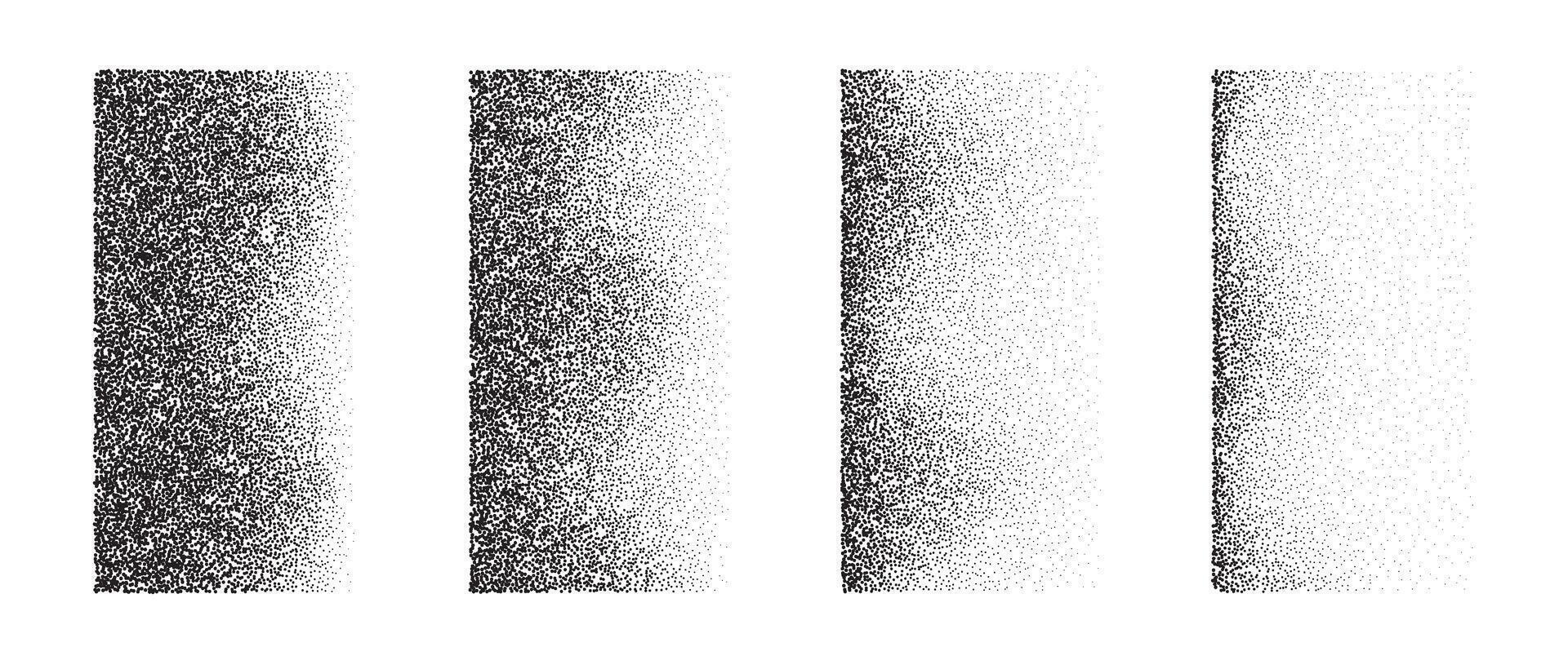 Set of fading wavy rectangular gradients. Black dotted texture element collection. Stippled shade object pack. Noise grain dotwork shapes. Vanishing halftone effect illustrations bundle. vector