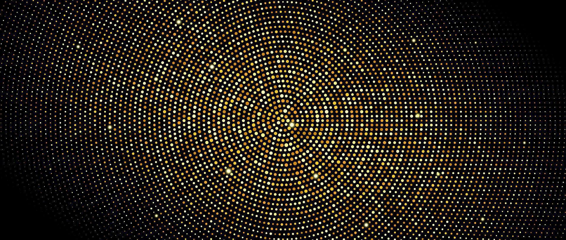 Golden radial halftone background. Gold glitter confetti wallpaper. Retro dotted circles pattern. Design template for banner, flyer, poster, presentation. Luxury illustration vector