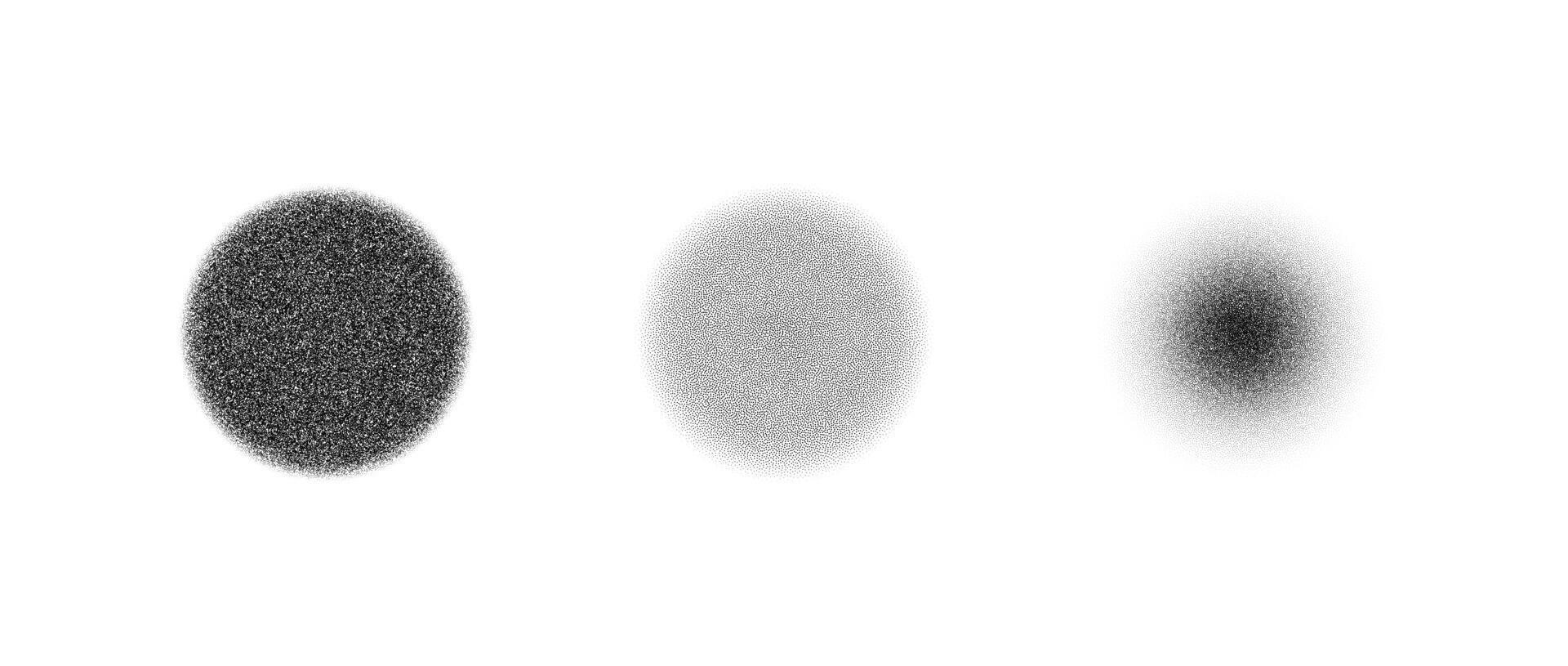 Stippled texture circle set. Black dotted round element collection. Fading noise grain dot work shapes. Vanishing half tones and shadows effect illustration bundle. vector