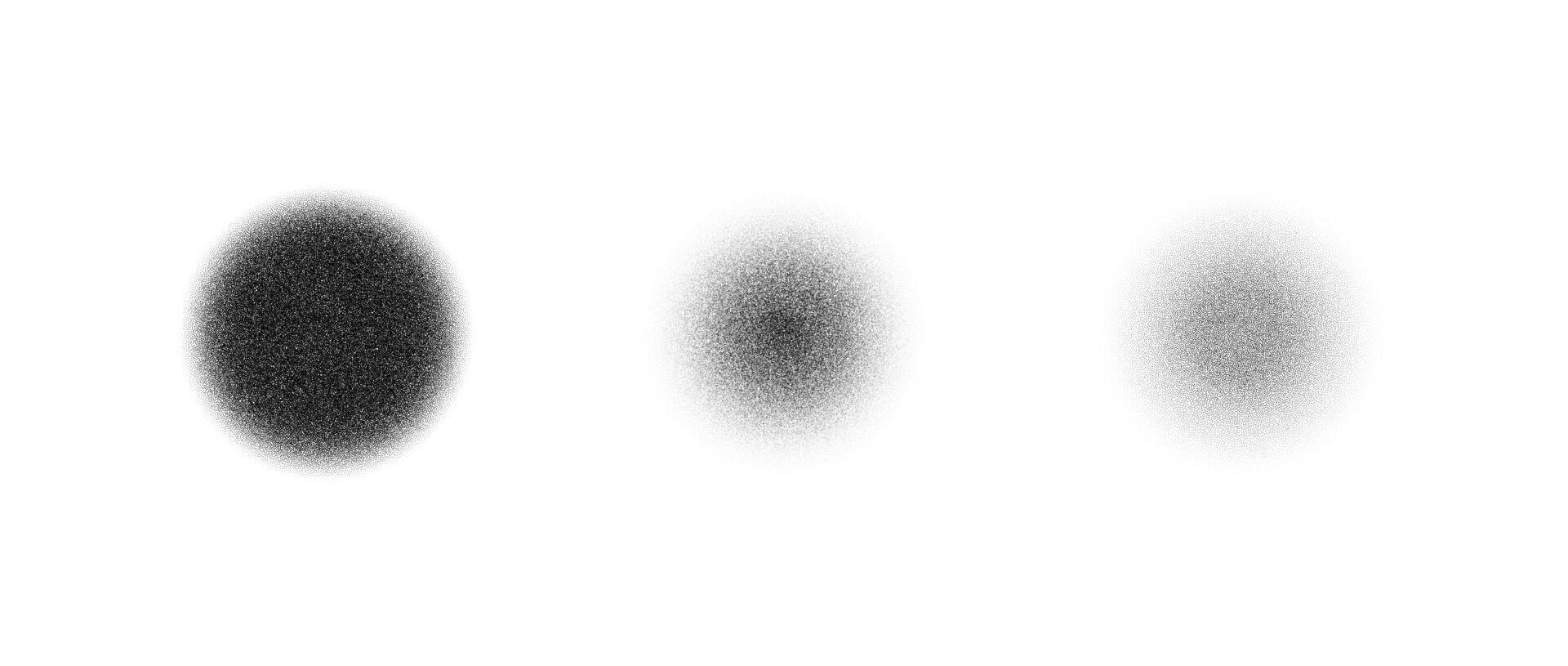 Stippled texture circle set. Black dotted round element collection. Fading noise grain dot work shapes. Vanishing half tones and shades effect illustration bundle. vector