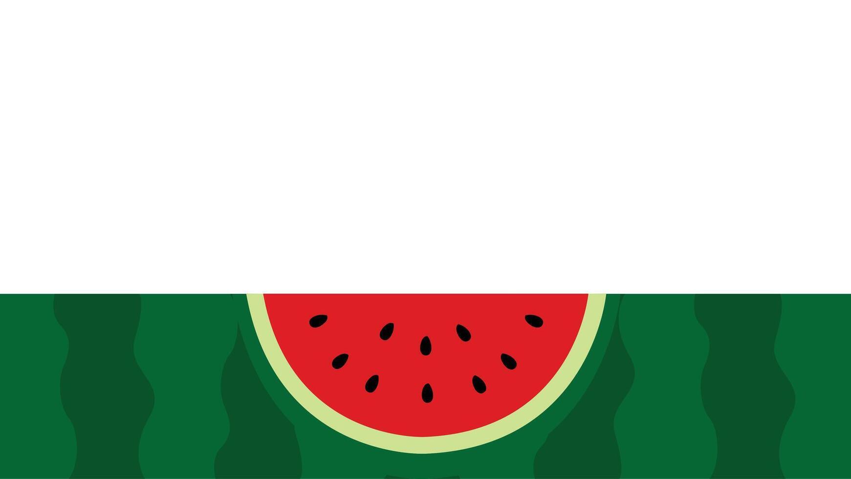 Flat watermelon slice, black seeds, and green striped rind border background vector