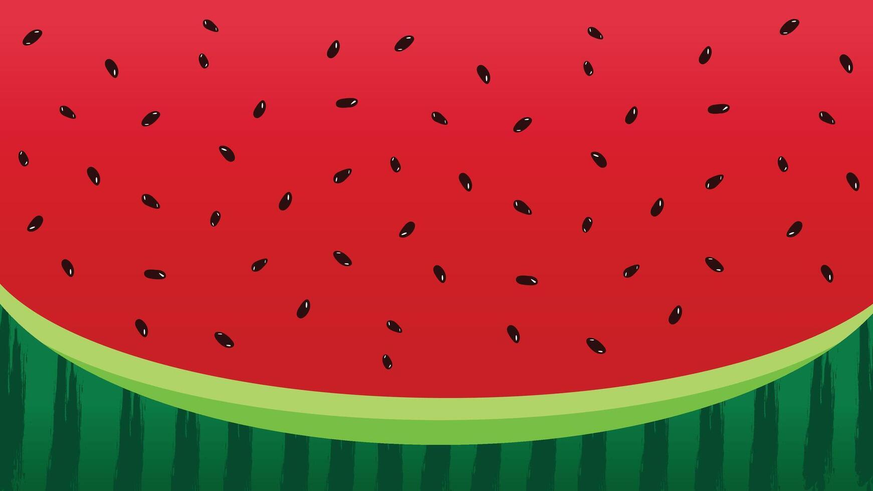 Flat cartoon watermelon background with black seeds and brush striped rind on red background vector