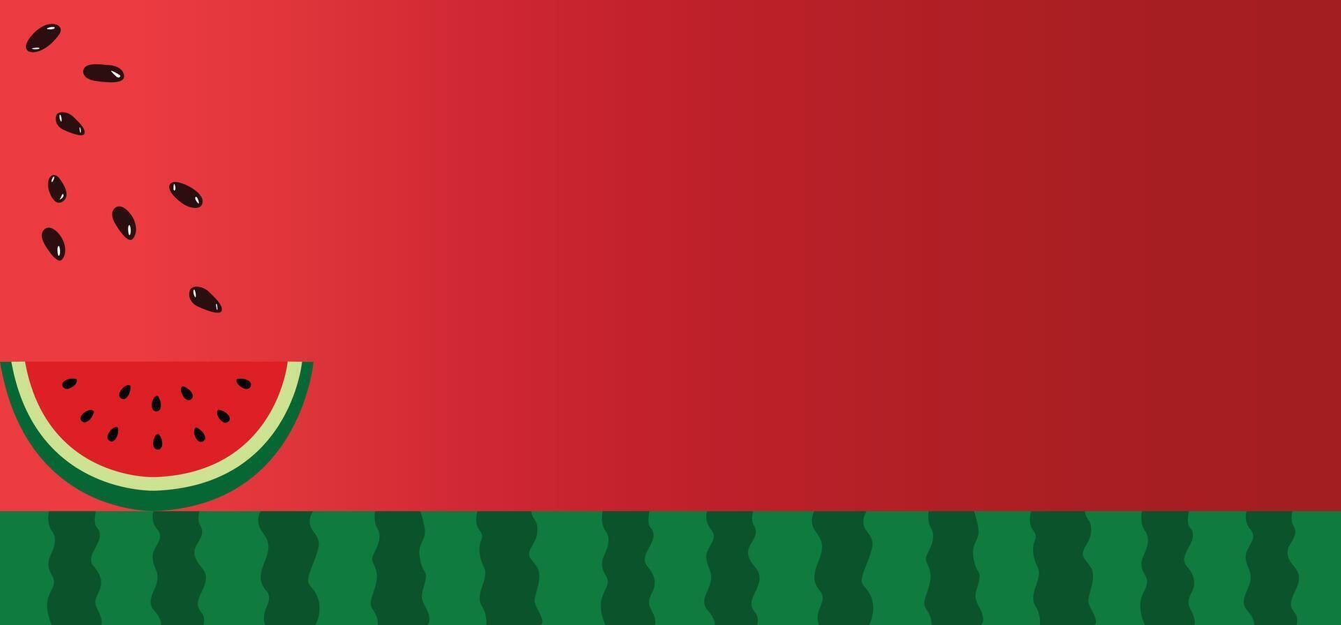 Watermelon banner background template in flat style, featuring a slice, striped green rind, black seeds, and space for text vector