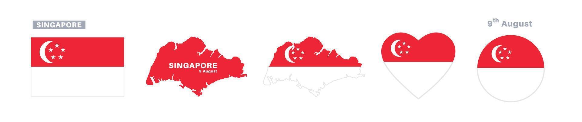 singapore flag and map set. singapore flag in official colors and proportions. independence day 9 august, map, circle and heart shaped singapore vector