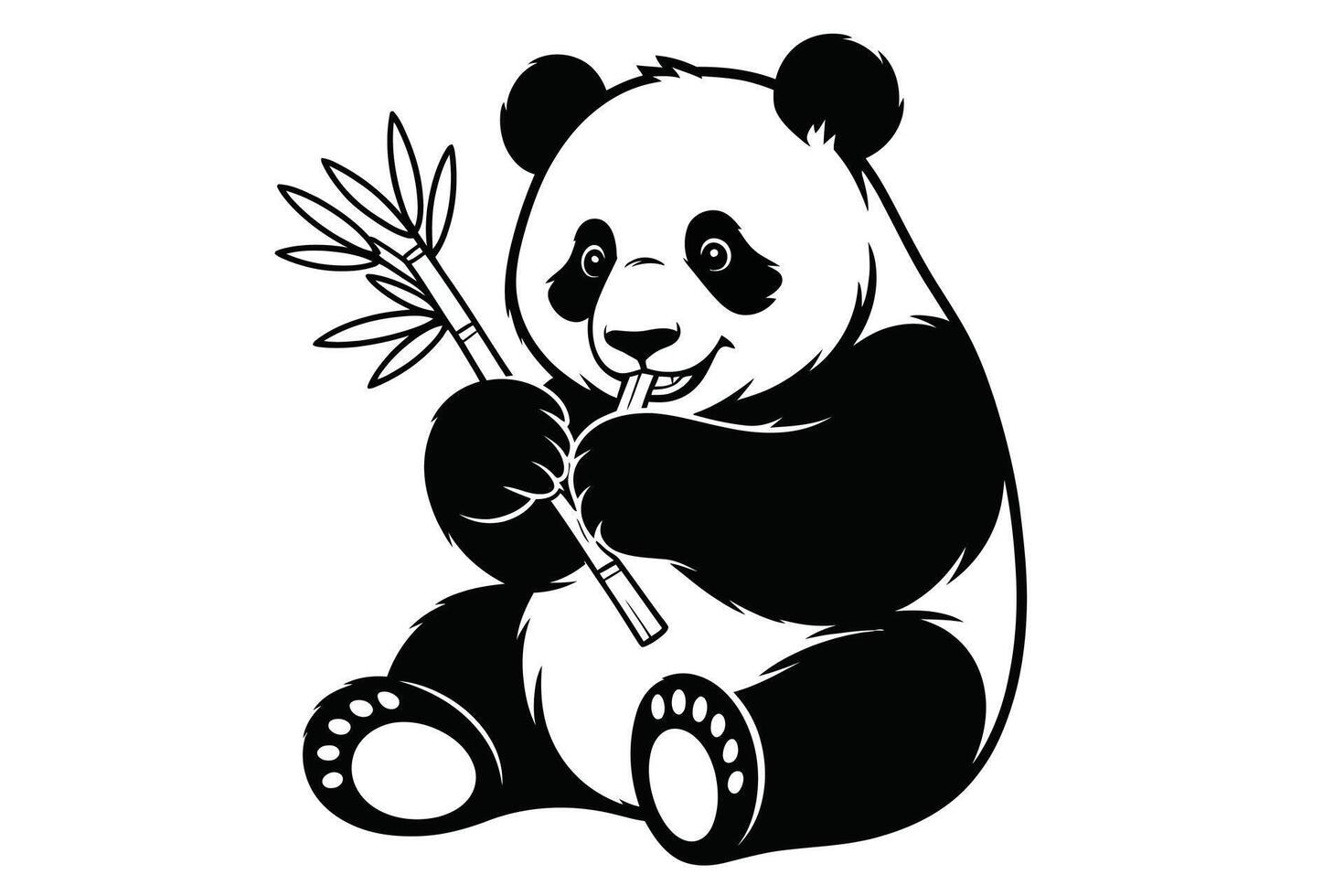 Black and white panda illustration sitting and eating bamboo branch vector