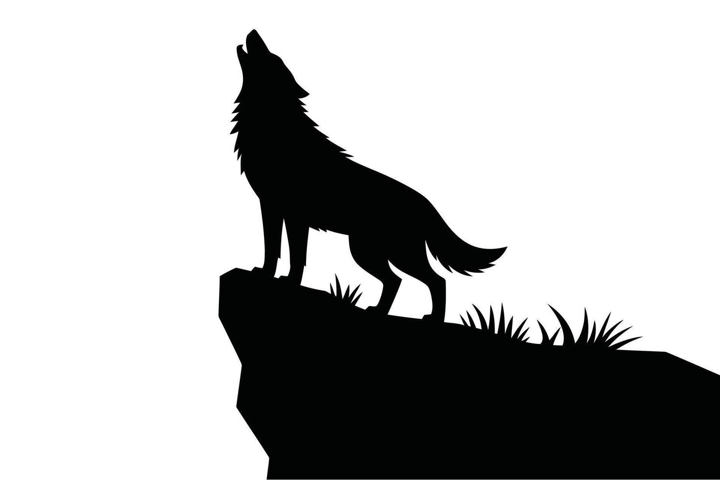 Black Wolf Silhouette Howling on Cliff with Grass animal vector