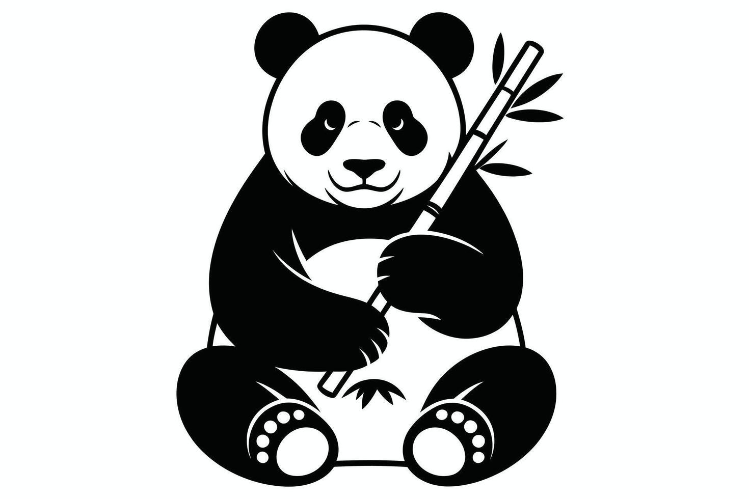 Black and white panda illustration holding bamboo sitting on white background vector