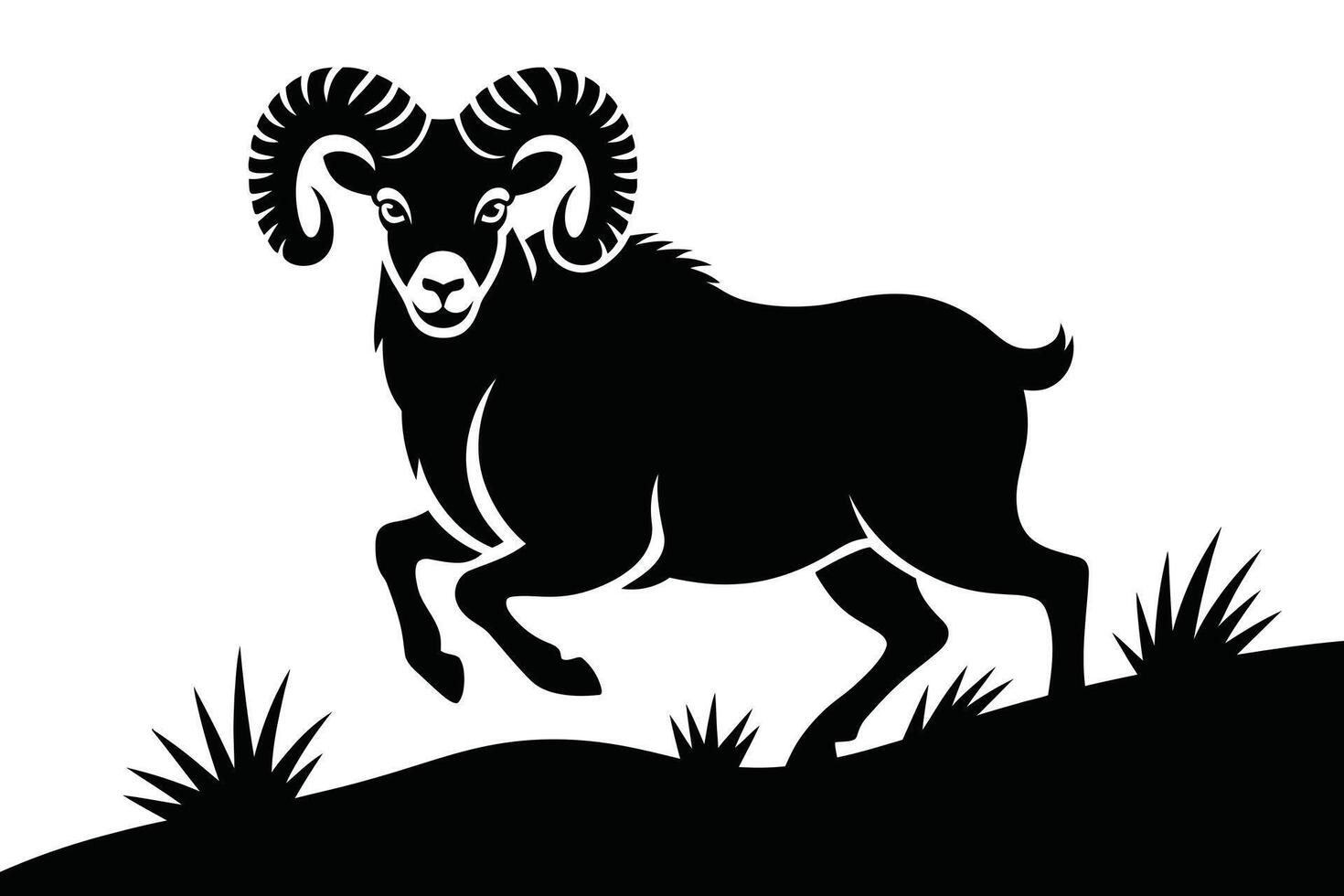 Black Ram Silhouette Jumping Over Grass on White Background vector