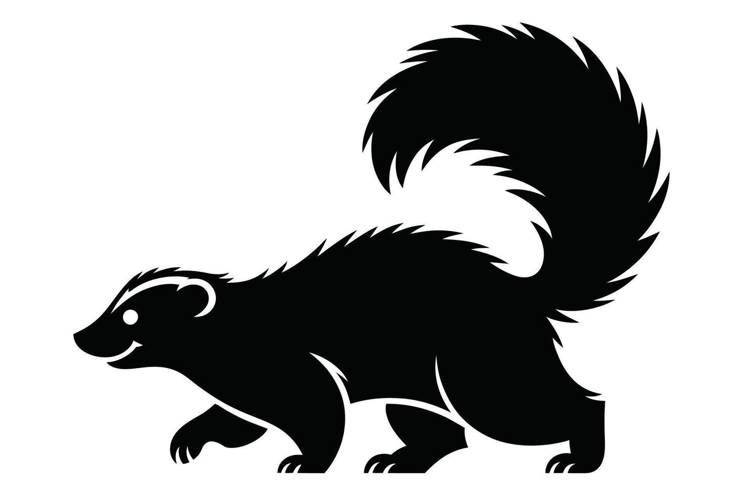 Black and white skunk illustration walking on white background vector