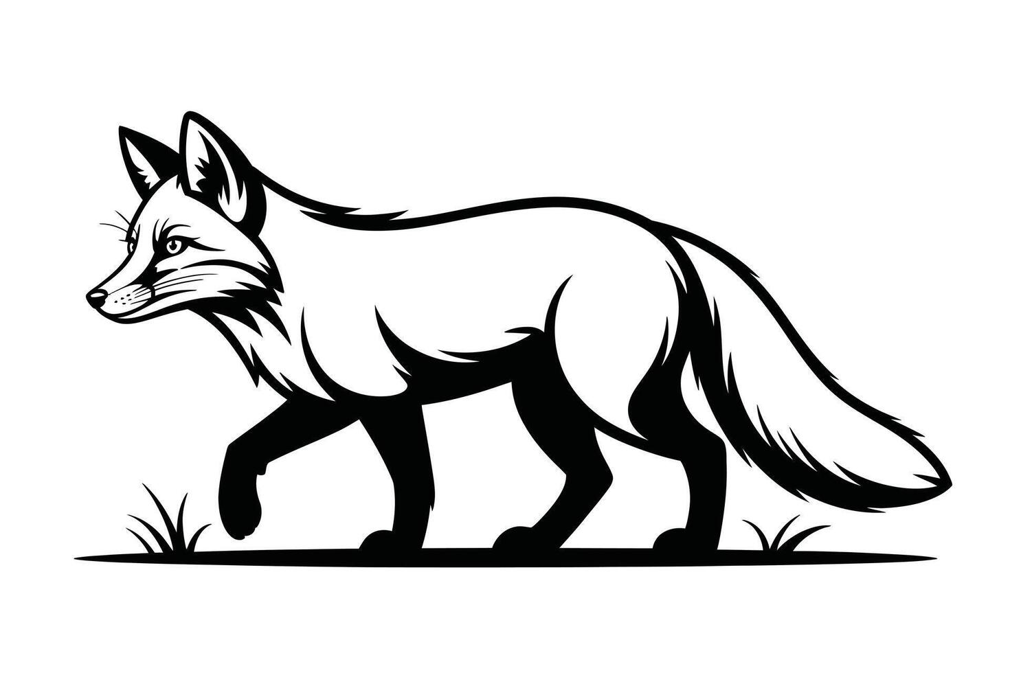 Black and white fox illustration walking on grass animal vector