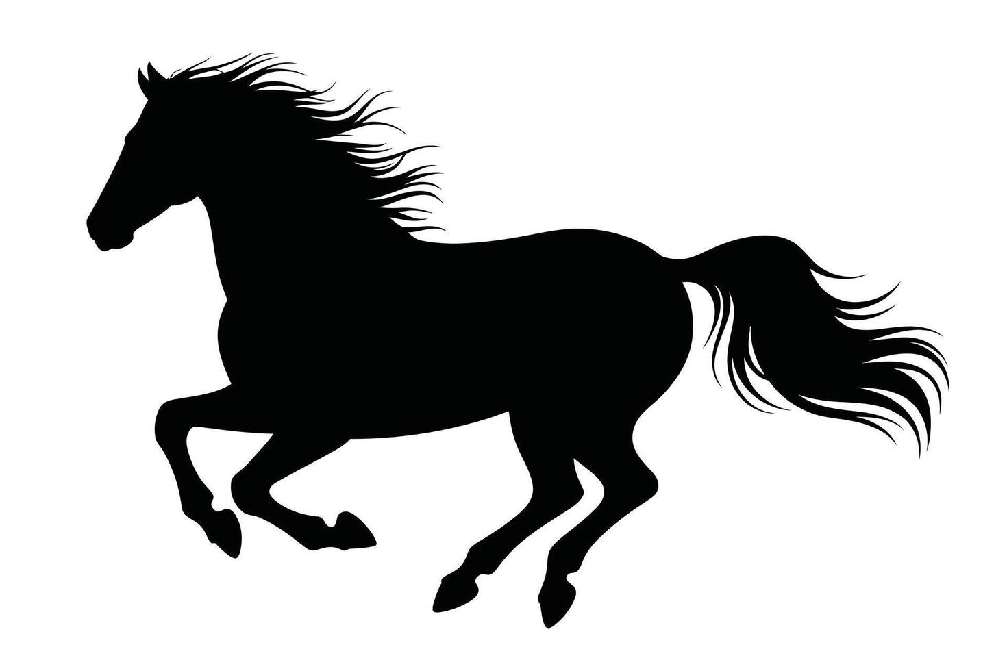 Black silhouette of a running horse with flowing mane and tail on white background vector