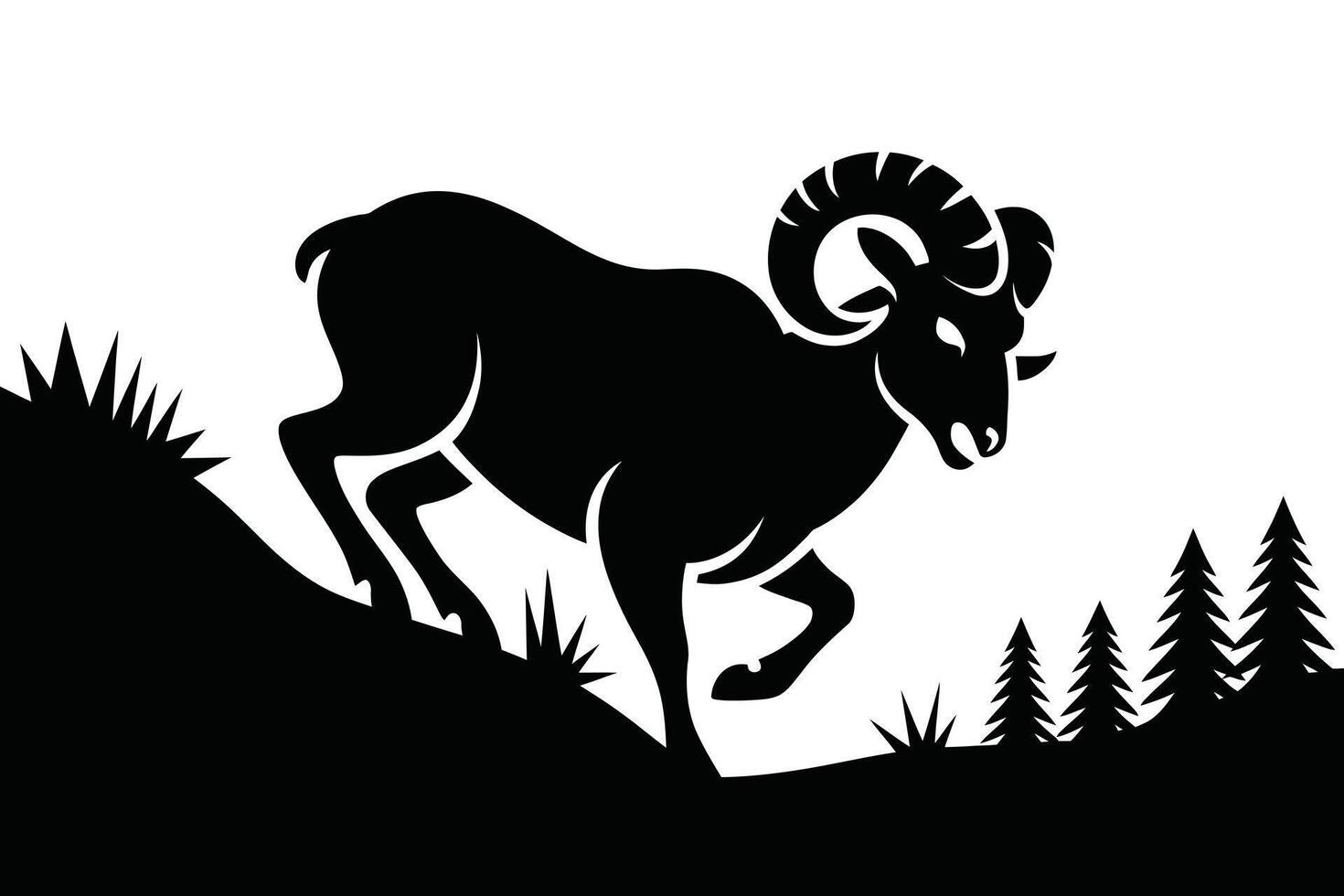 Black Silhouette of Ram Running on Hill with Trees vector