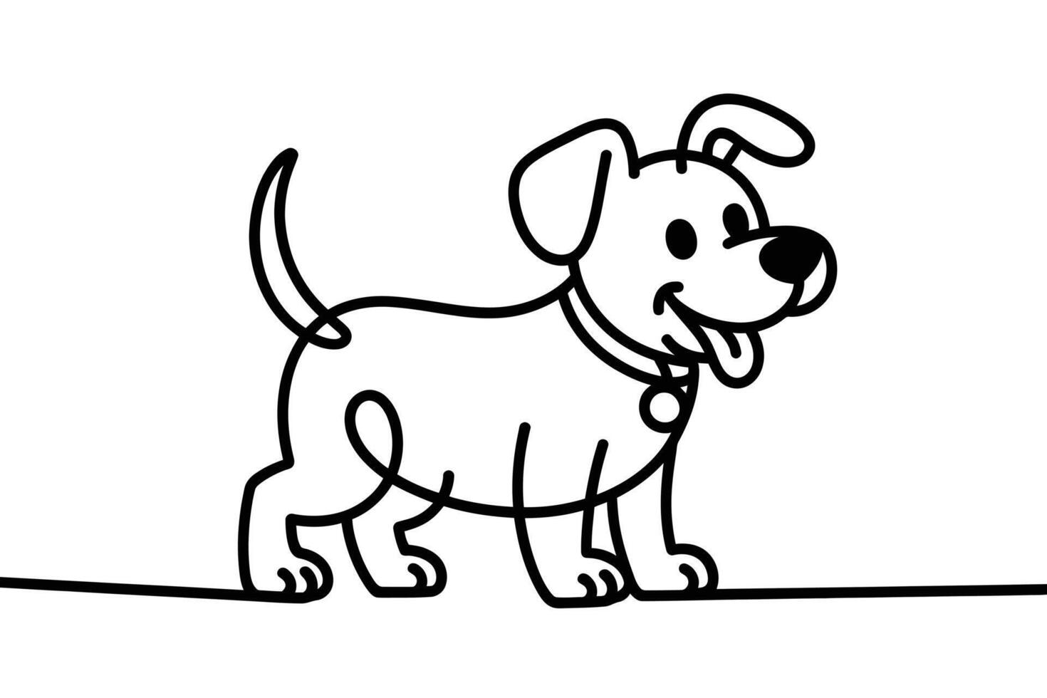 Black outline illustration of a smiling dog with collar and tongue on white background vector