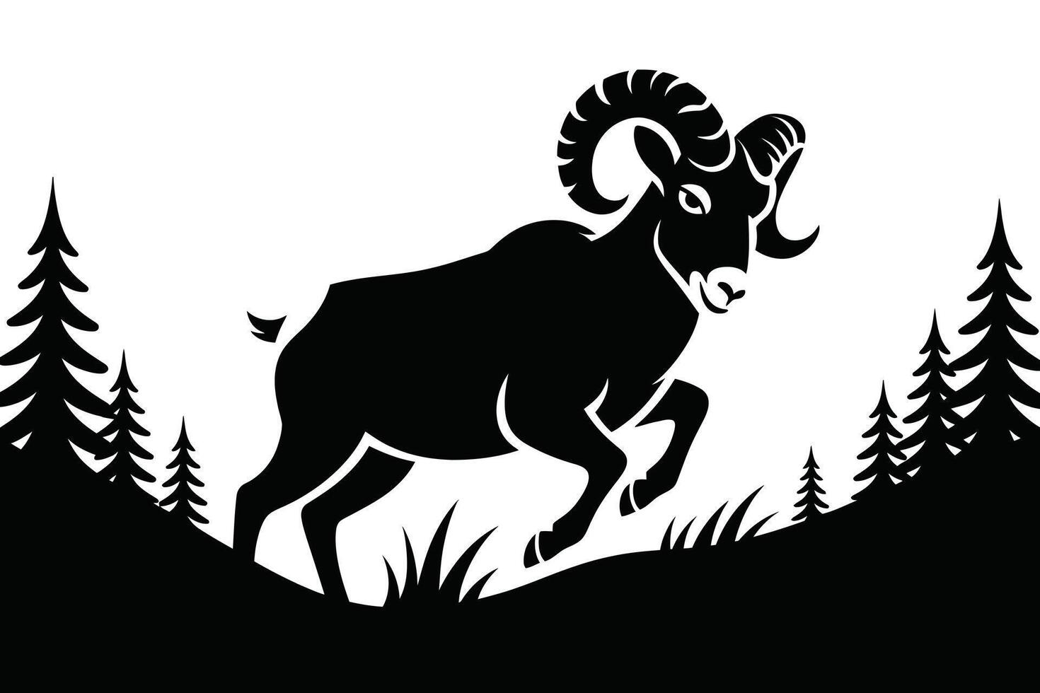 Black Silhouette of Ram Jumping with Trees and Grass vector