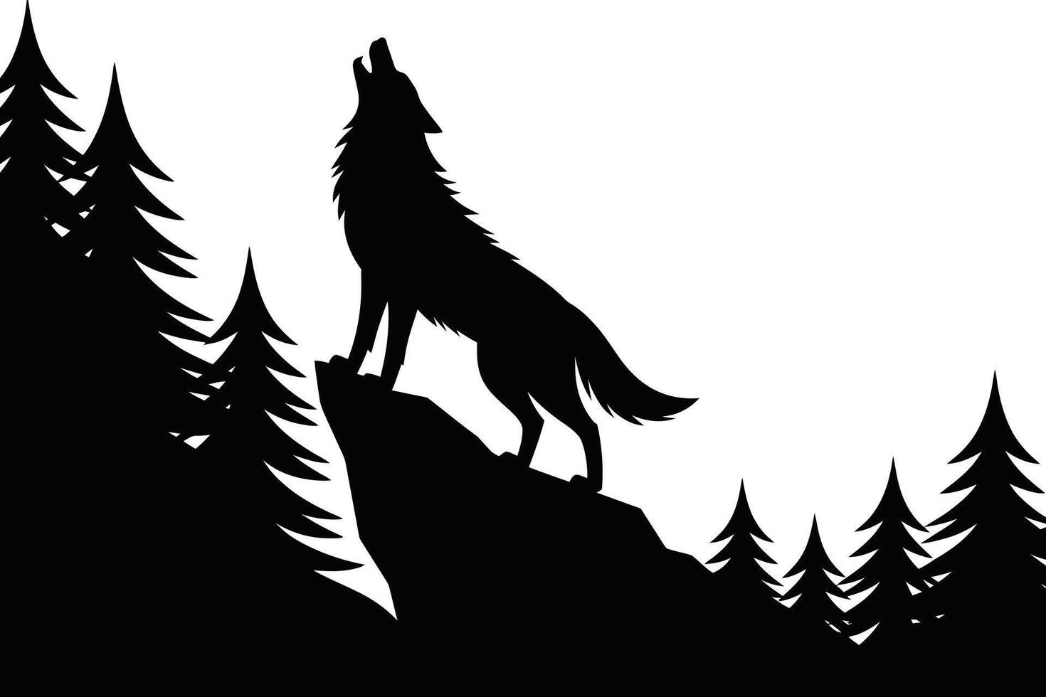 Black Silhouette of Howling Wolf on Rock with Pine Trees vector