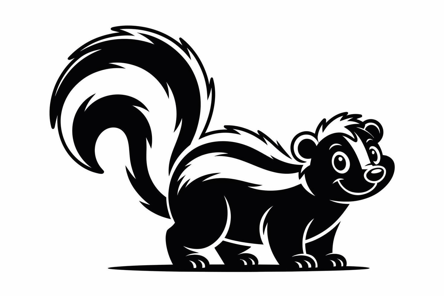 Cartoon Skunk Illustration in Black and White with Striped Tail and Smiling Face vector