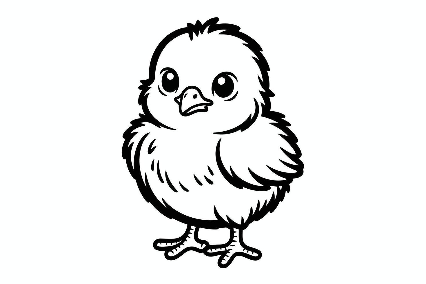 Black and white illustration of a standing chick with large eyes vector