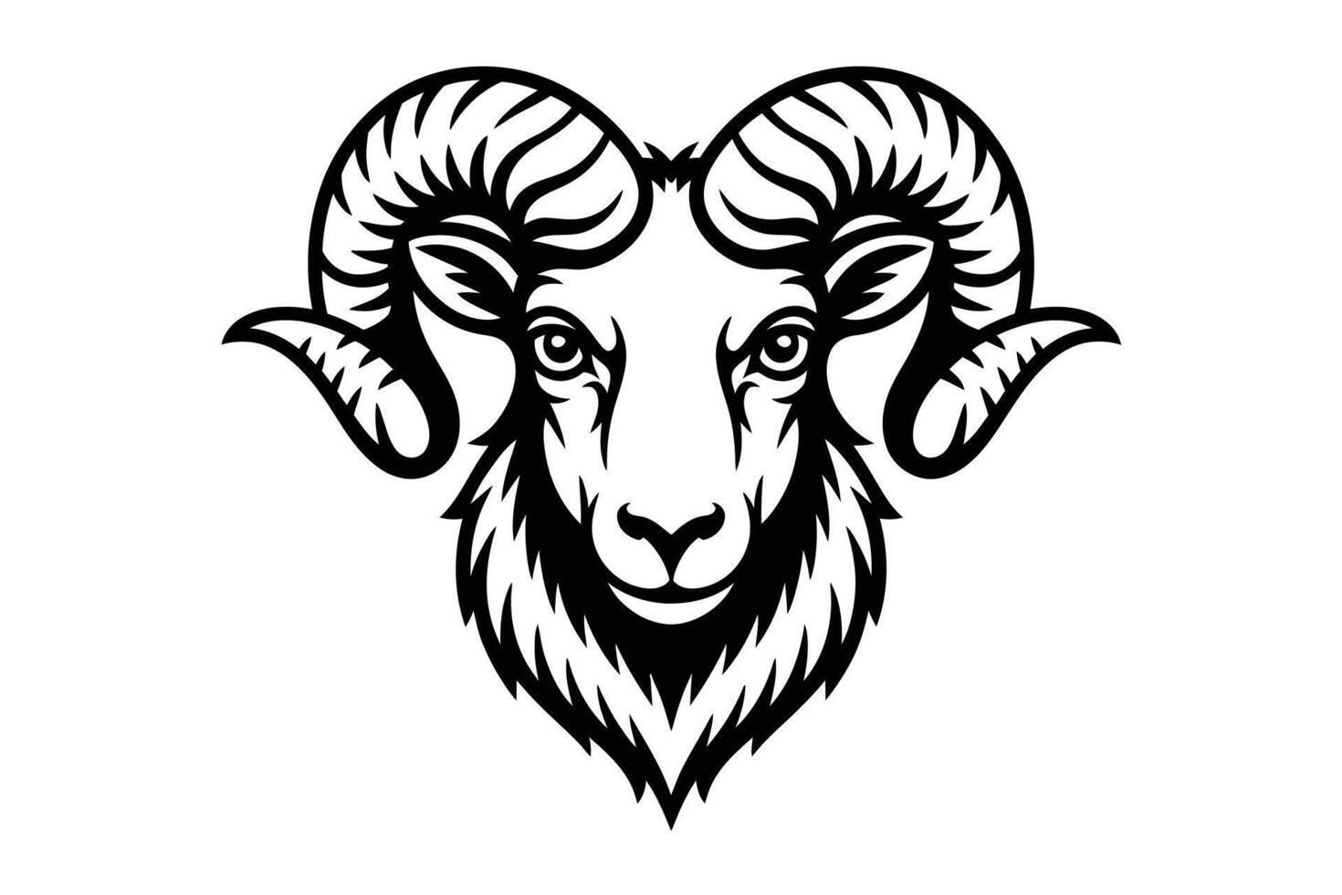 Black and white ram head illustration with curved horns and detailed fur vector
