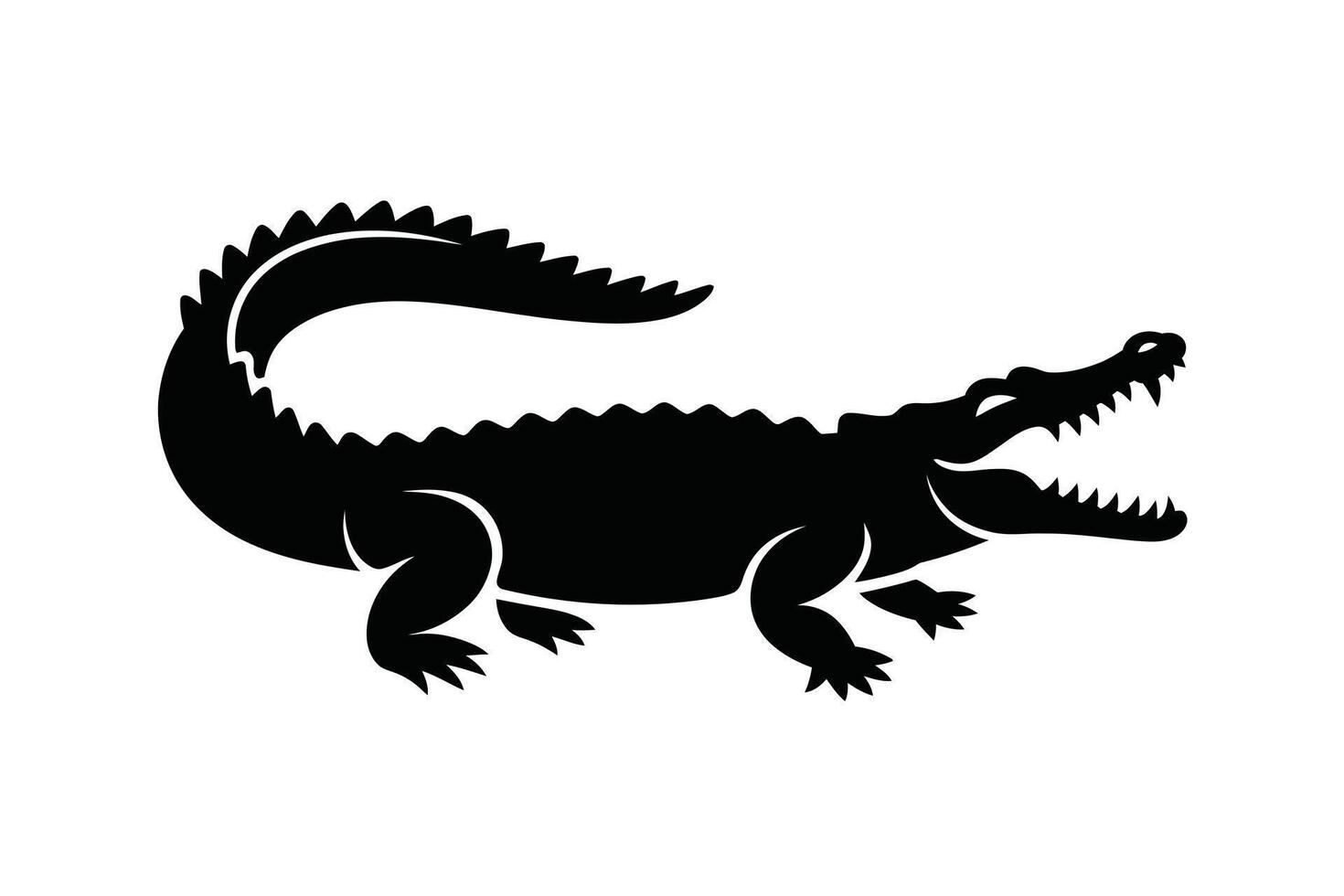 Black Crocodile Silhouette with Open Mouth and Spiked Back on White Background vector