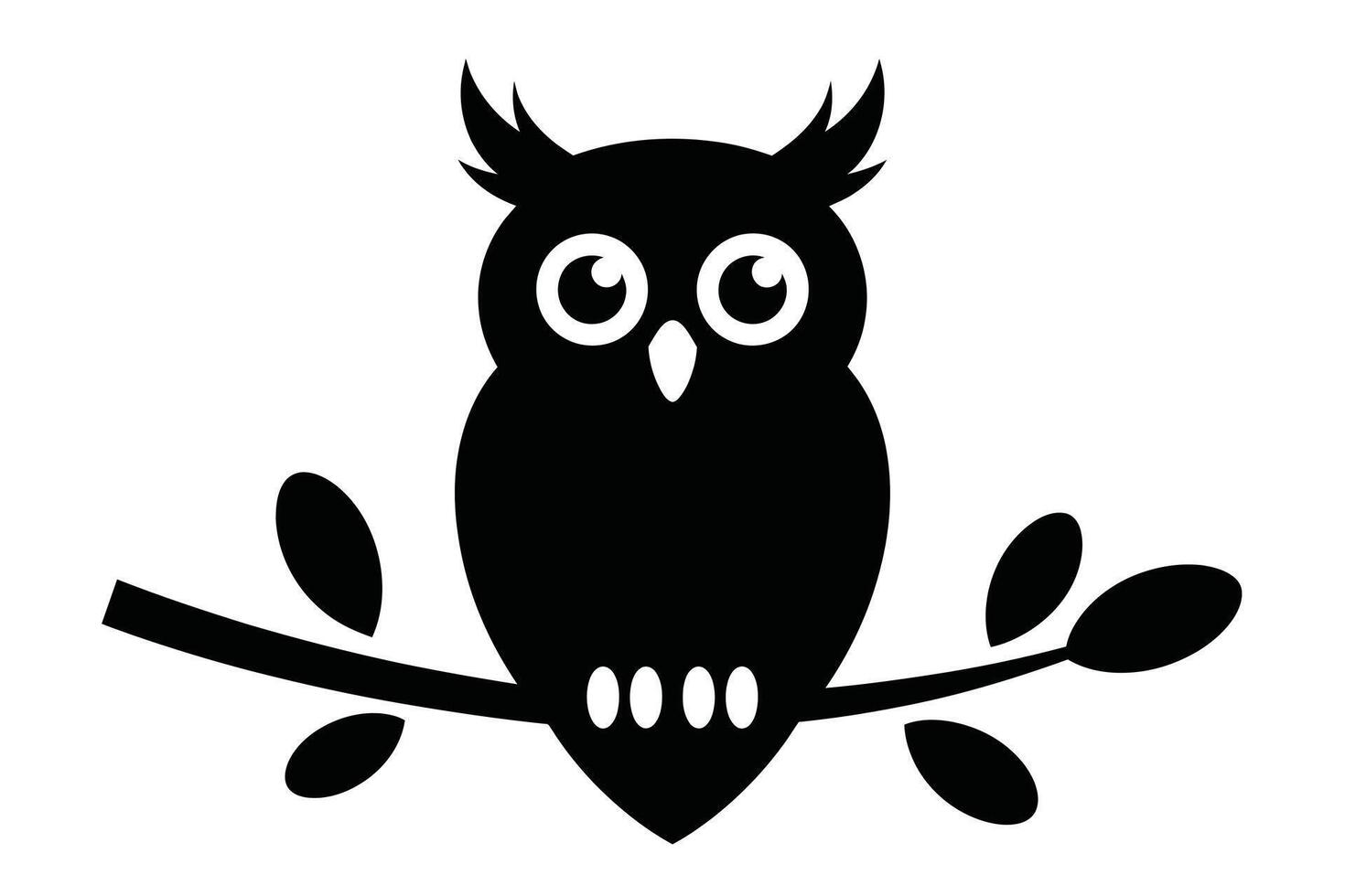 Black owl silhouette perched on a branch with leaves against a white background vector