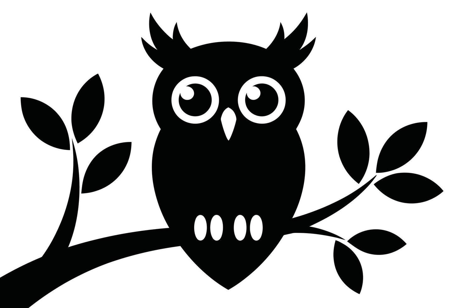 Black Owl Silhouette Perched on Branch with Leaves vector