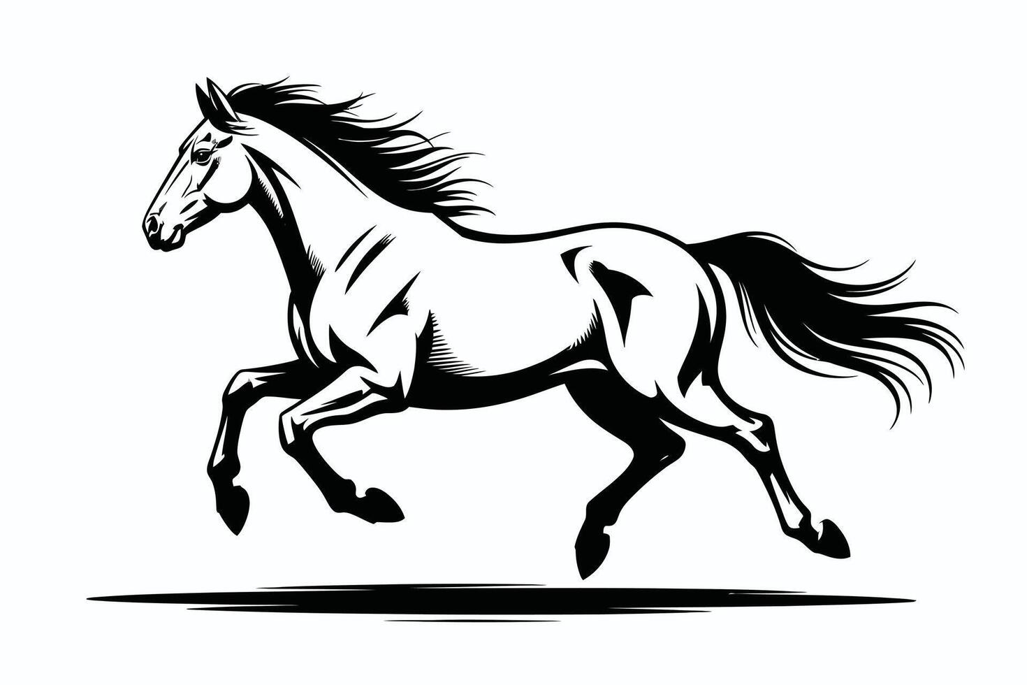 Black and white illustration of a running horse with flowing mane and tail vector