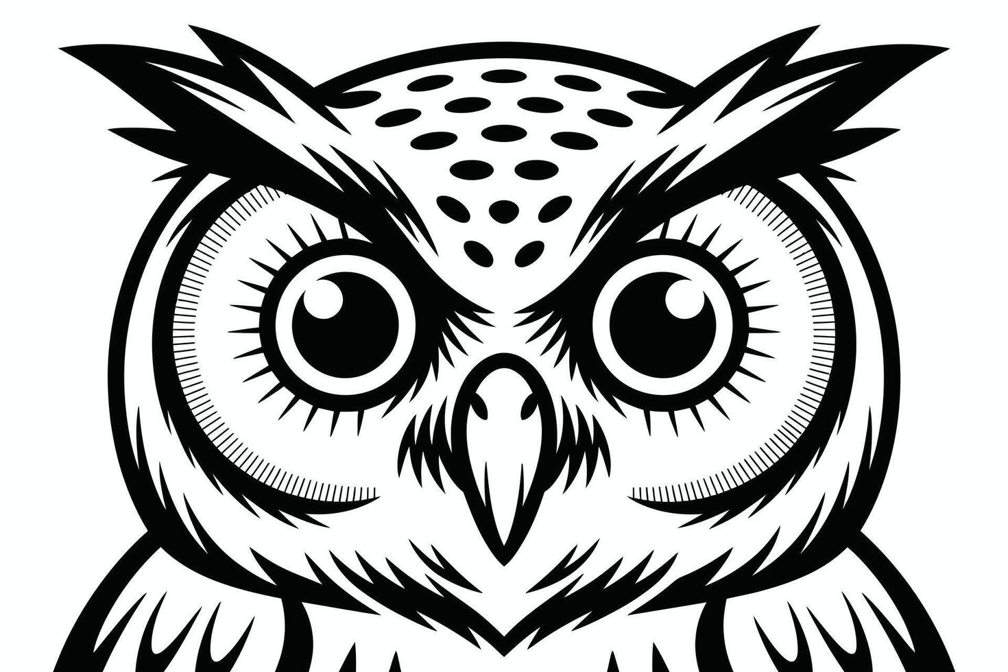 An owl head with big eyes is shown in this black and white drawing vector