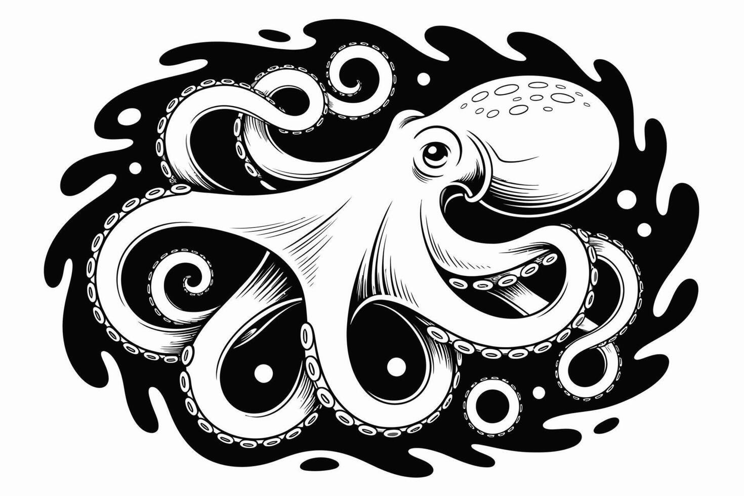 Black and white octopus illustration with tentacles and stylized water splash design vector