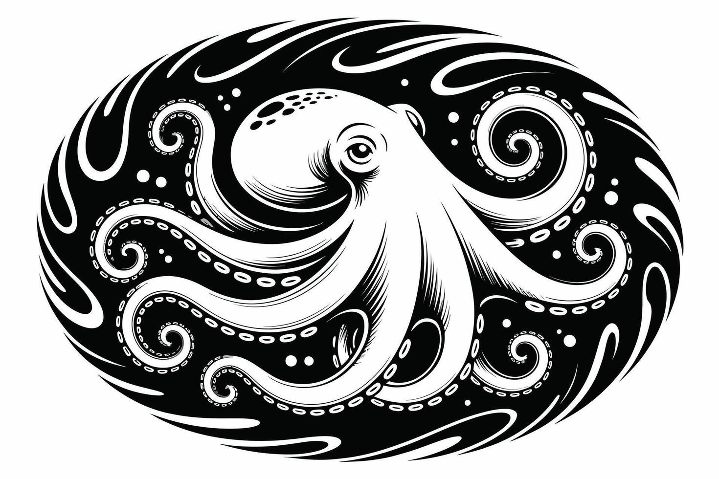 Black and white octopus illustration in an oval frame with swirling tentacles vector