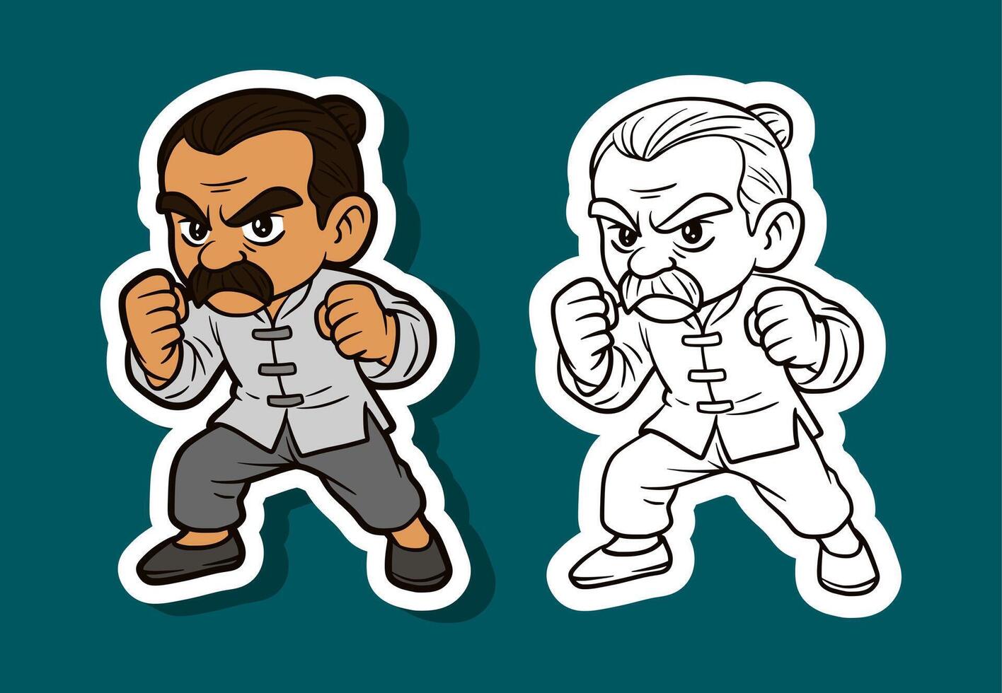 Chibi martial artists in colorful and sketch style vector