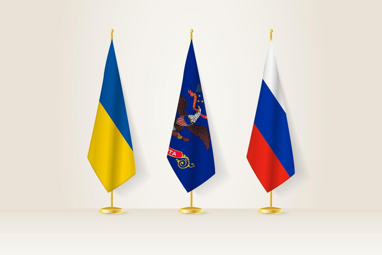 Diplomatic Meeting Representation, Ukraine, North Dakota and Russia Flags. Flags on Diplomatic Stands. vector