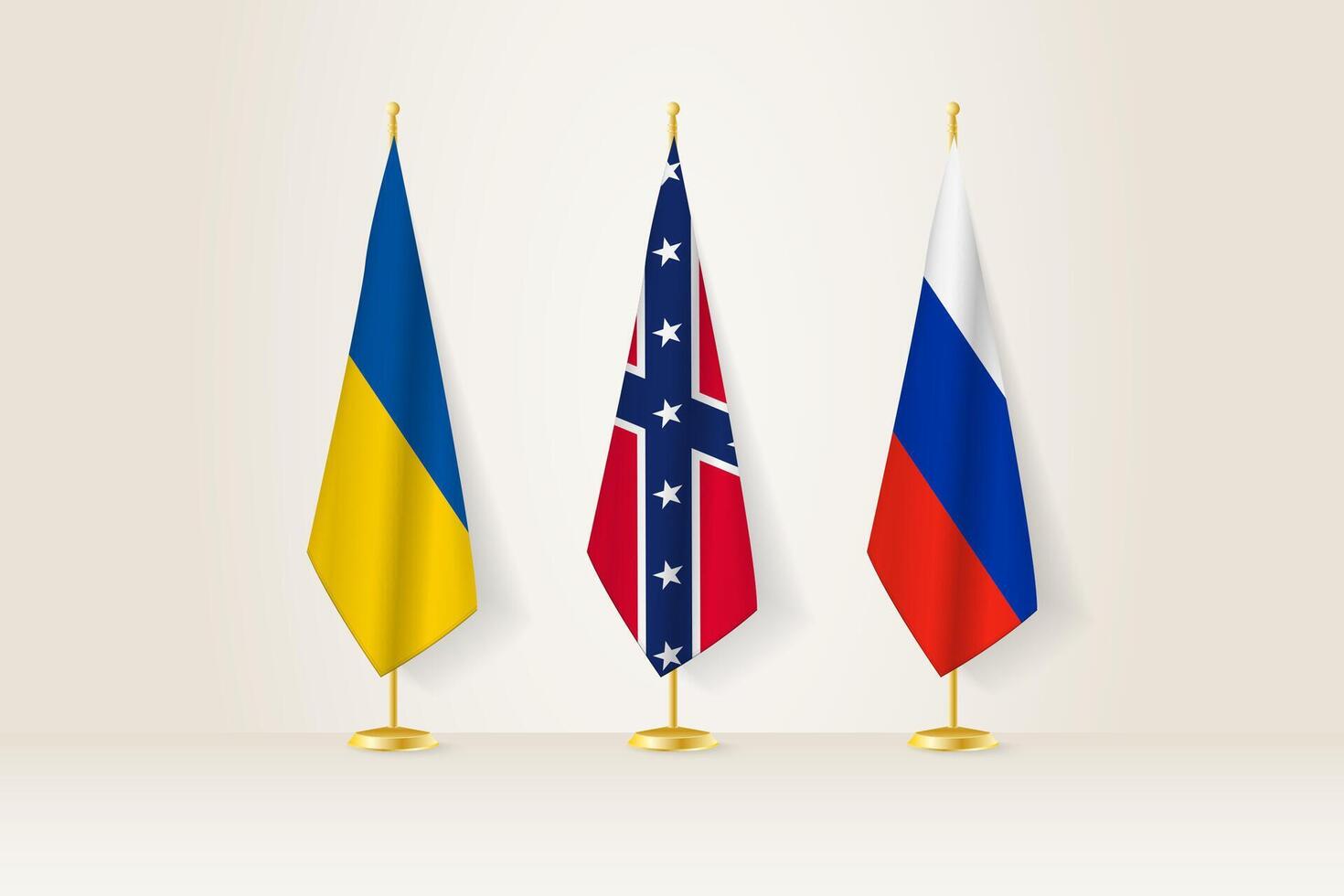 Diplomatic Meeting Representation, Ukraine, Confederate and Russia Flags. Flags on Diplomatic Stands. vector