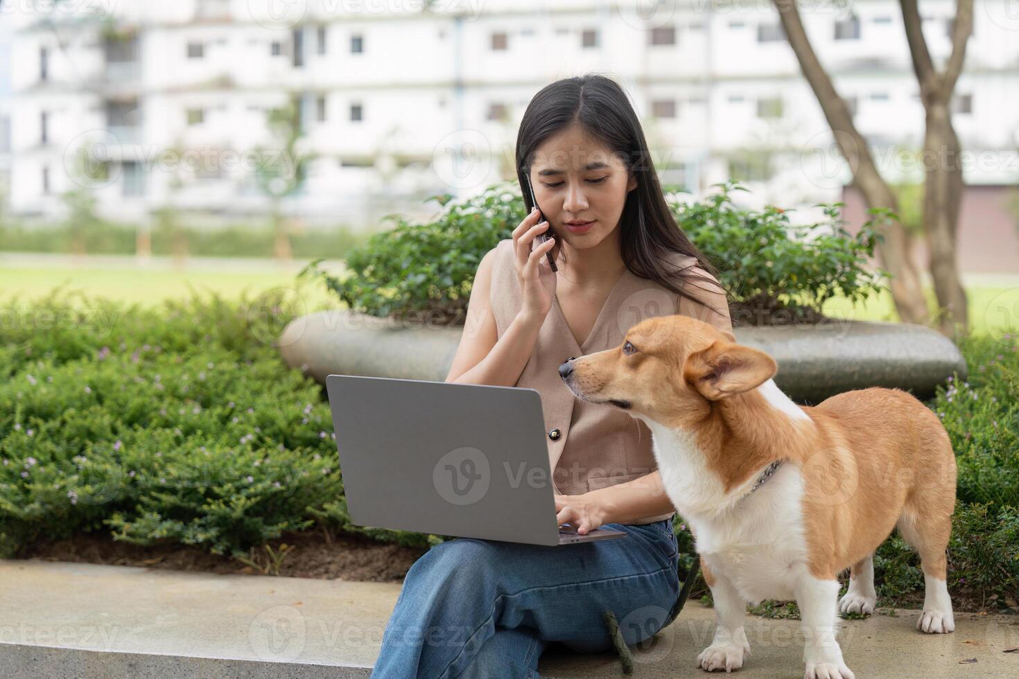 Remote Work and Pet Companionship. Young woman multitasking with laptop and phone while her corgi dog is nearby. photo