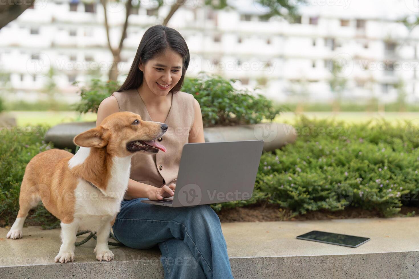Remote Work and Pet Companionship. Woman smiling while using laptop with her corgi dog nearby. photo