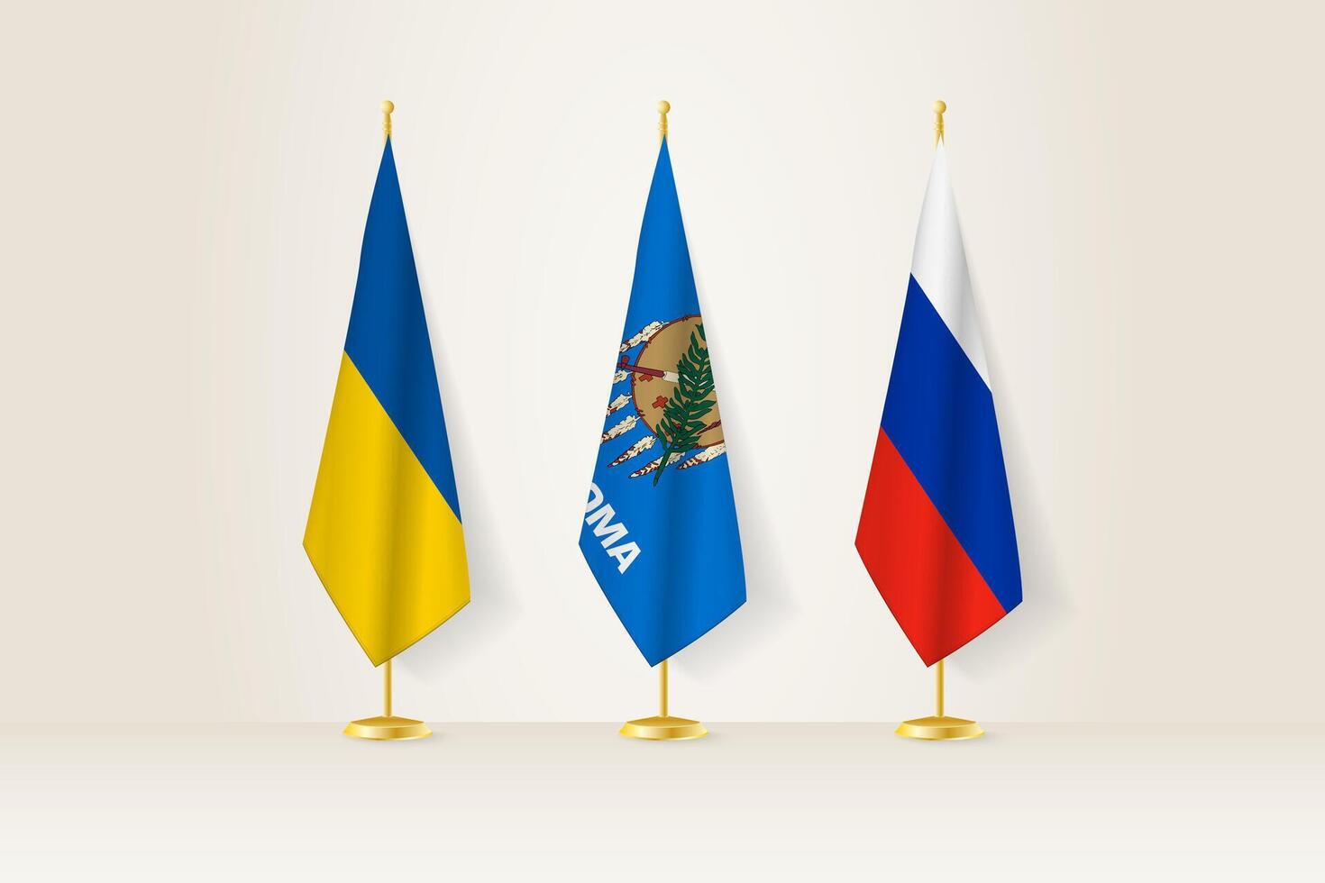 Diplomatic Meeting Representation, Ukraine, Oklahoma and Russia Flags. Flags on Diplomatic Stands. vector