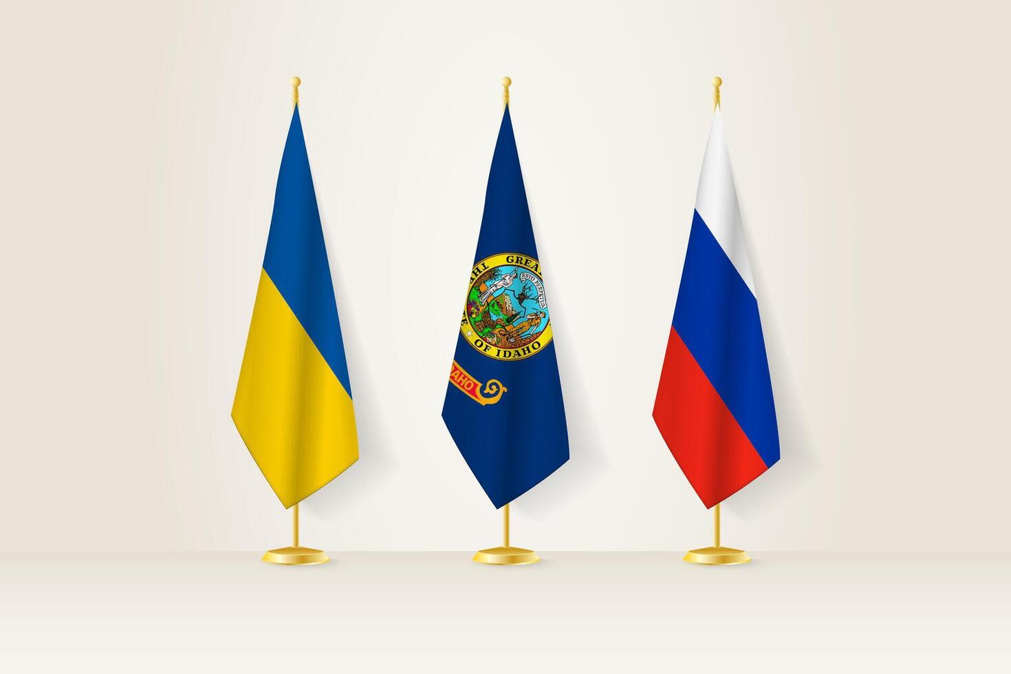 Diplomatic Meeting Representation, Ukraine, Idaho and Russia Flags. Flags on Diplomatic Stands. vector