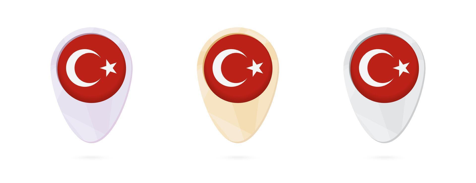 Map markers with flag of Turkey, 3 color versions. vector
