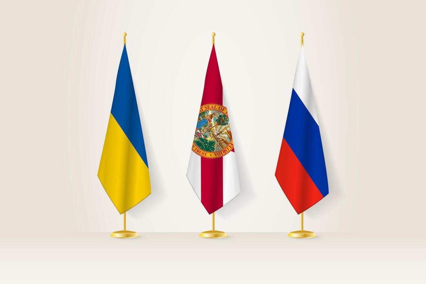 Diplomatic Meeting Representation, Ukraine, Florida and Russia Flags. Flags on Diplomatic Stands. vector