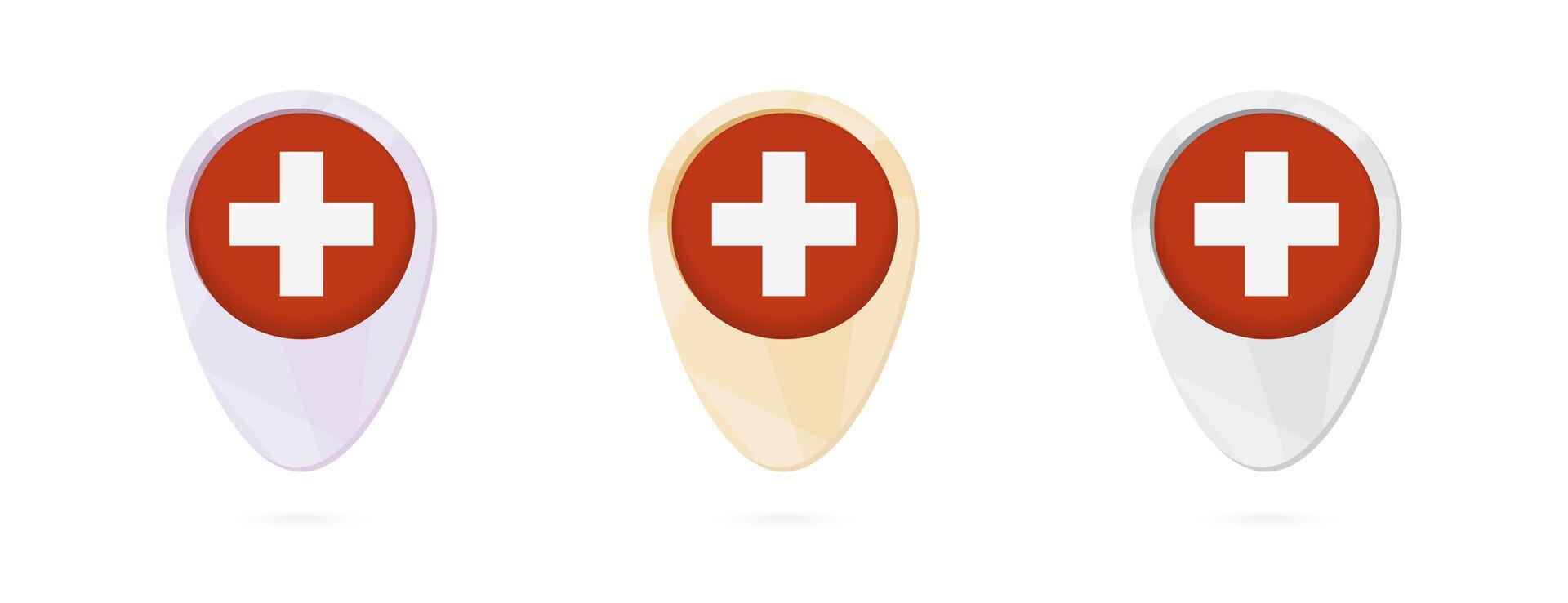 Map markers with flag of Switzerland, 3 color versions. vector