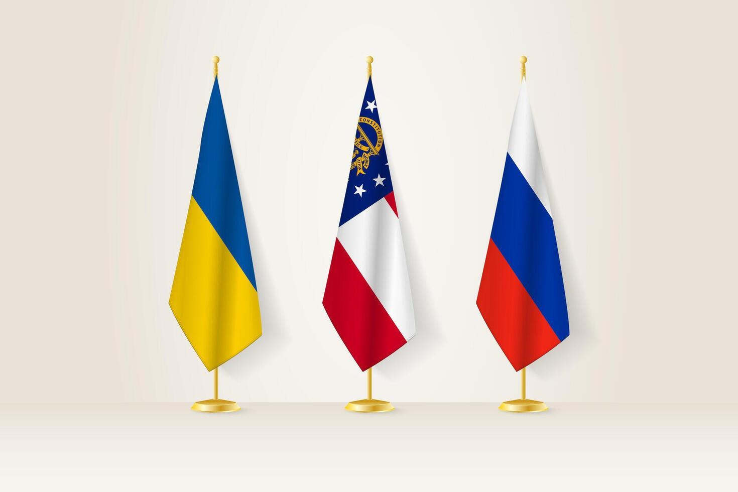 Diplomatic Meeting Representation, Ukraine, State of Georgia and Russia Flags. Flags on Diplomatic Stands. vector