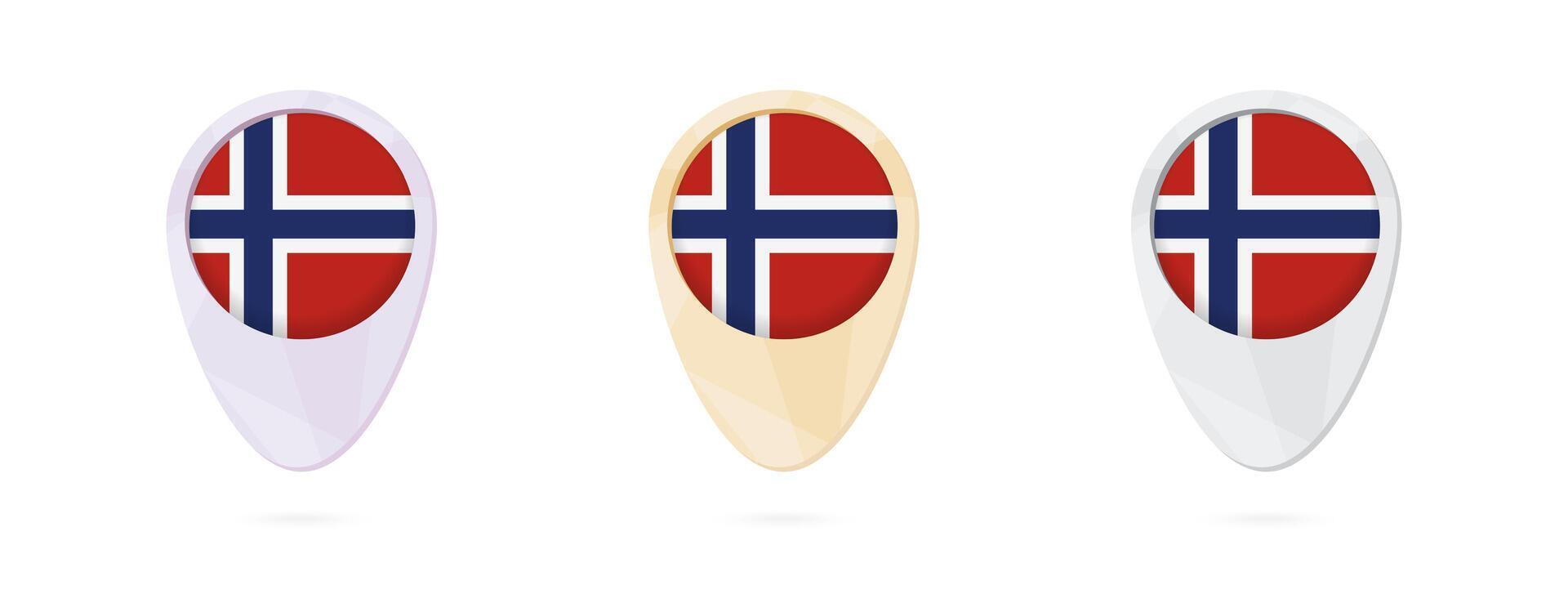 Map markers with flag of Norway, 3 color versions. vector