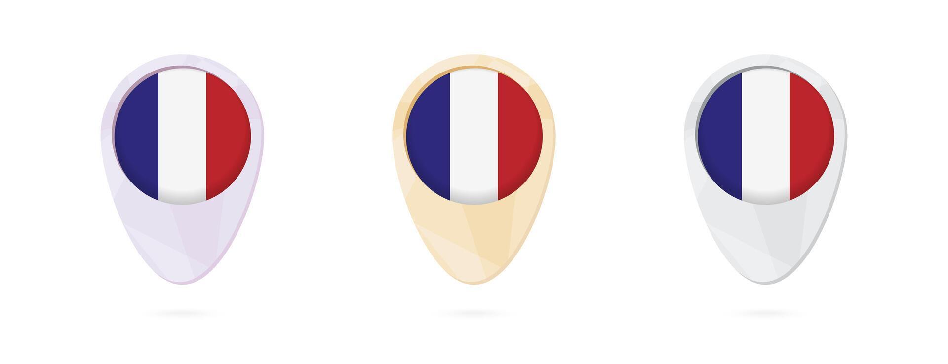 Map markers with flag of France, 3 color versions. vector