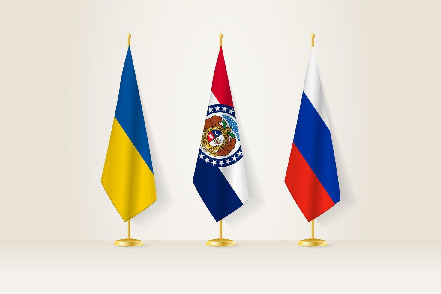 Diplomatic Meeting Representation, Ukraine, Missouri and Russia Flags. Flags on Diplomatic Stands. vector