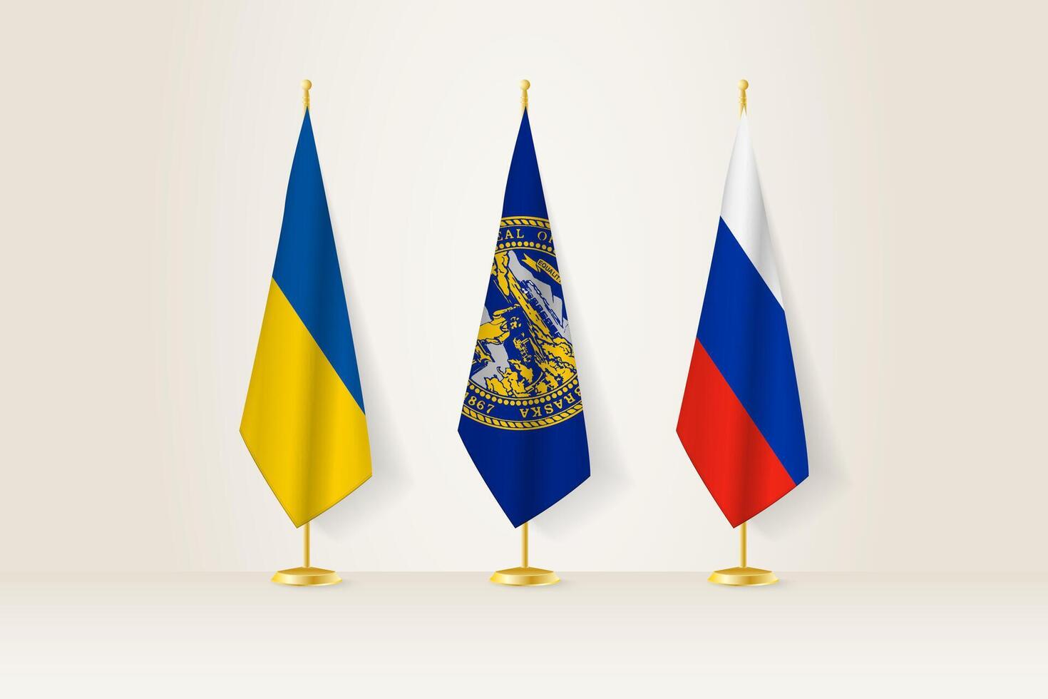 Diplomatic Meeting Representation, Ukraine, Nebraska and Russia Flags. Flags on Diplomatic Stands. vector