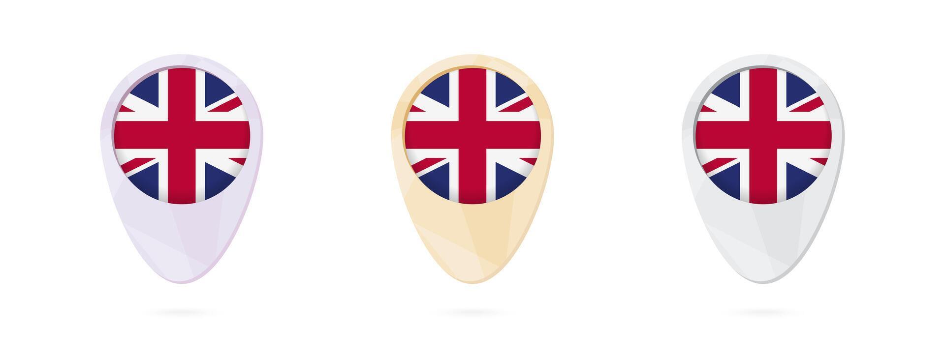 Map markers with flag of United Kingdom, 3 color versions. vector